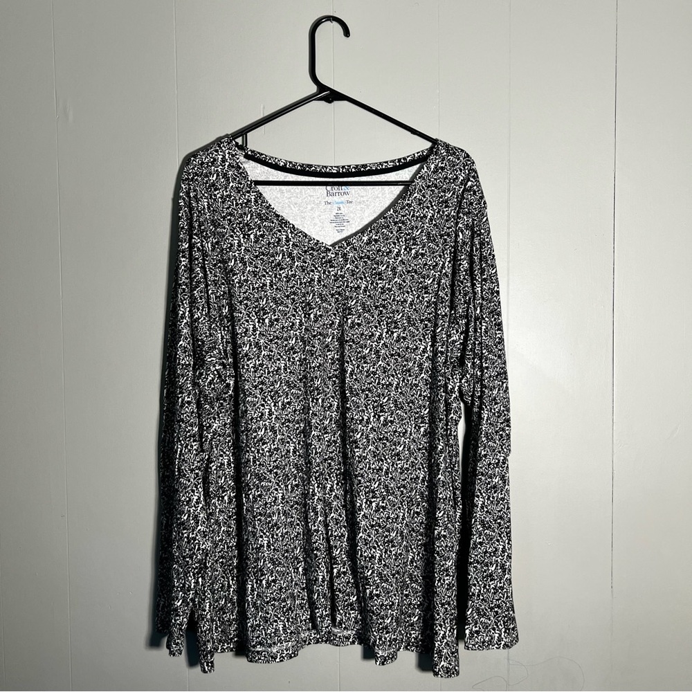 Croft & Barrow Classic Tee Women’s 2X Black White Floral Print Long Sleeve